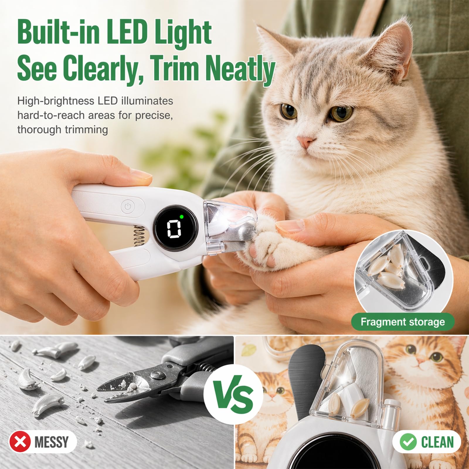 2-in-1 Krallenschere für Hunde mit Licht & Schleifer, LED Krallenschneider für Hunde & Katzen, Krallenschleifer für Hunde 3 Modi, Leise, Auffangbehälter, USB-C, Nagelknipser Haustiere