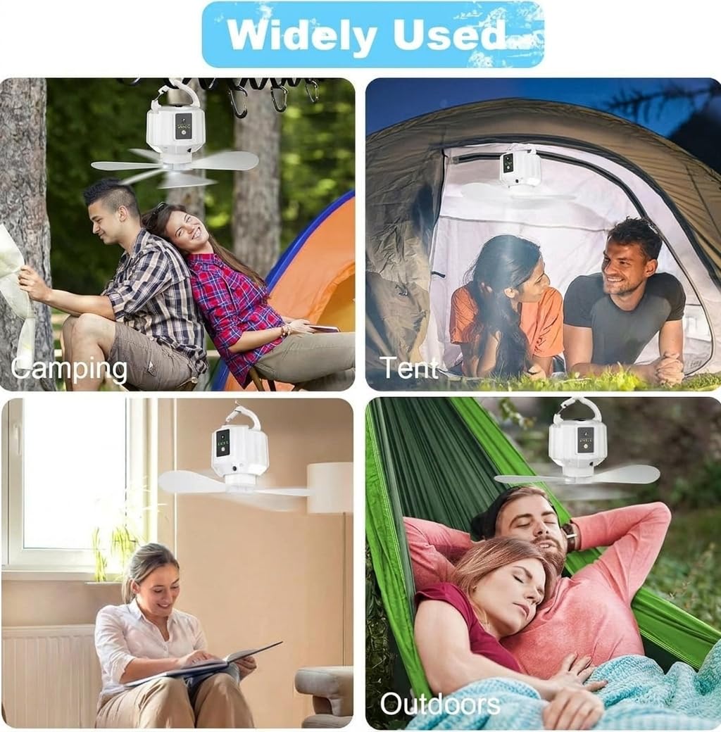 Ventilateur de camping avec lanterne LED, ventilateur rechargeable pour les tentes, télécommande, crochets, pales détachables, minuterie, pour le pique-nique, les tentes, l'urgence (X15-White)