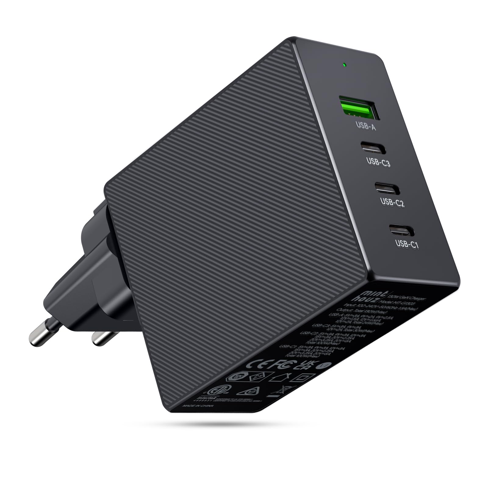 Minthouz 100W USB C ladegerät,GaN Adpter Netzadapter für Steckdose, Schwarz, Kompaktes Design mit Riffelstruktur Laptops, iPad, iPhone, Steam Deck und mehr