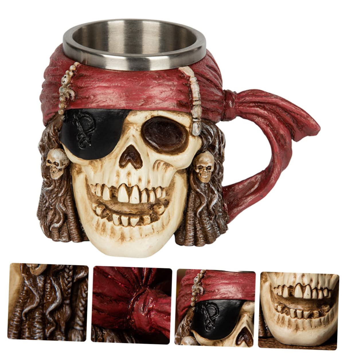 Veemoon Chope de Bière en Acier Inoxydable 304 Tête de Crâne Pirate, Mug Original en Résine Épaisse, Résistant et Décoratif pour Café et Bière