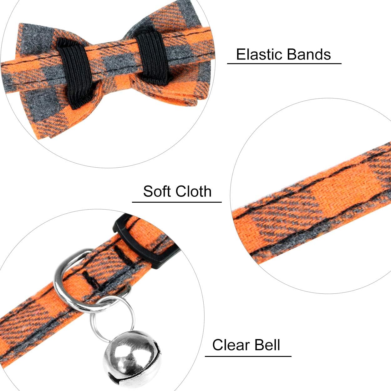 Dynmeow Plaid Pattern Cat Collars Breakaway with Bell & Bowtie, Orange