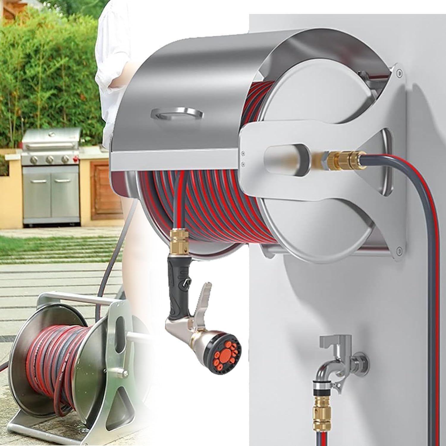 Carrete de manguera de jardín, carrete de riego de acero inoxidable duradero para montaje en pared o suelo, solución compacta de almacenamiento de manguera retráctil