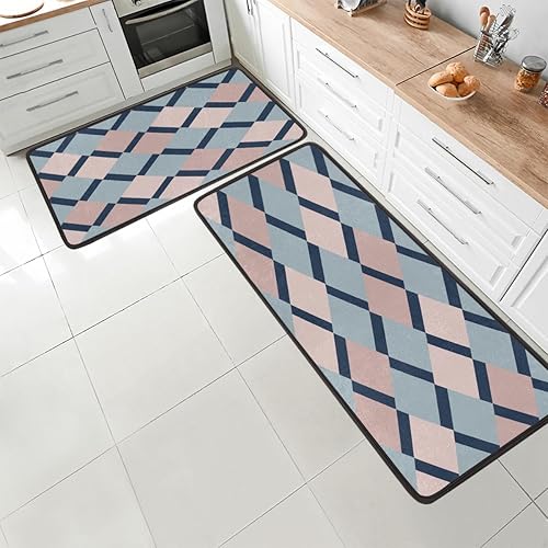 GUYOS Juego de 2 alfombrillas de cocina con patrón de textura a cuadros azules y rosados, acolchadas, antifatiga, juego de 2 piezas, duradero,