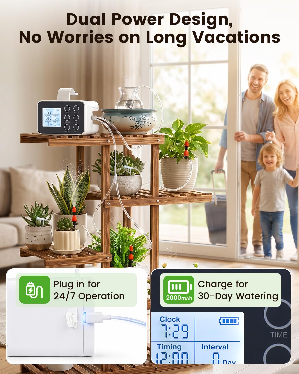 BAOSHISHAN Regador automático de plantas para interiores con emisor de pulverización y goteo 2 en 1 mejorado, dispositivo de riego de plantas de vacaciones con temporizador programable, sistema de