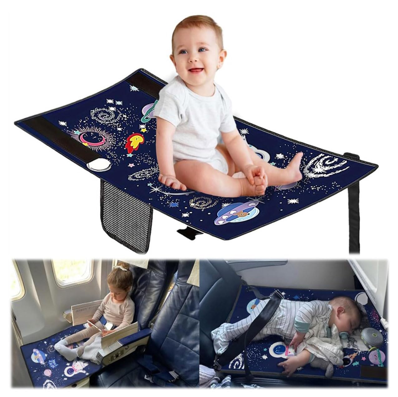 Avión de cama para niños,hamaca para reposapiés de avión de 77 * 44 cm,Cama Portátil Niños Pequeños,Reposapiés de avión portátil,Sillas de avión de viaje,adecuada para viajes,etc.(Azul estrellado)