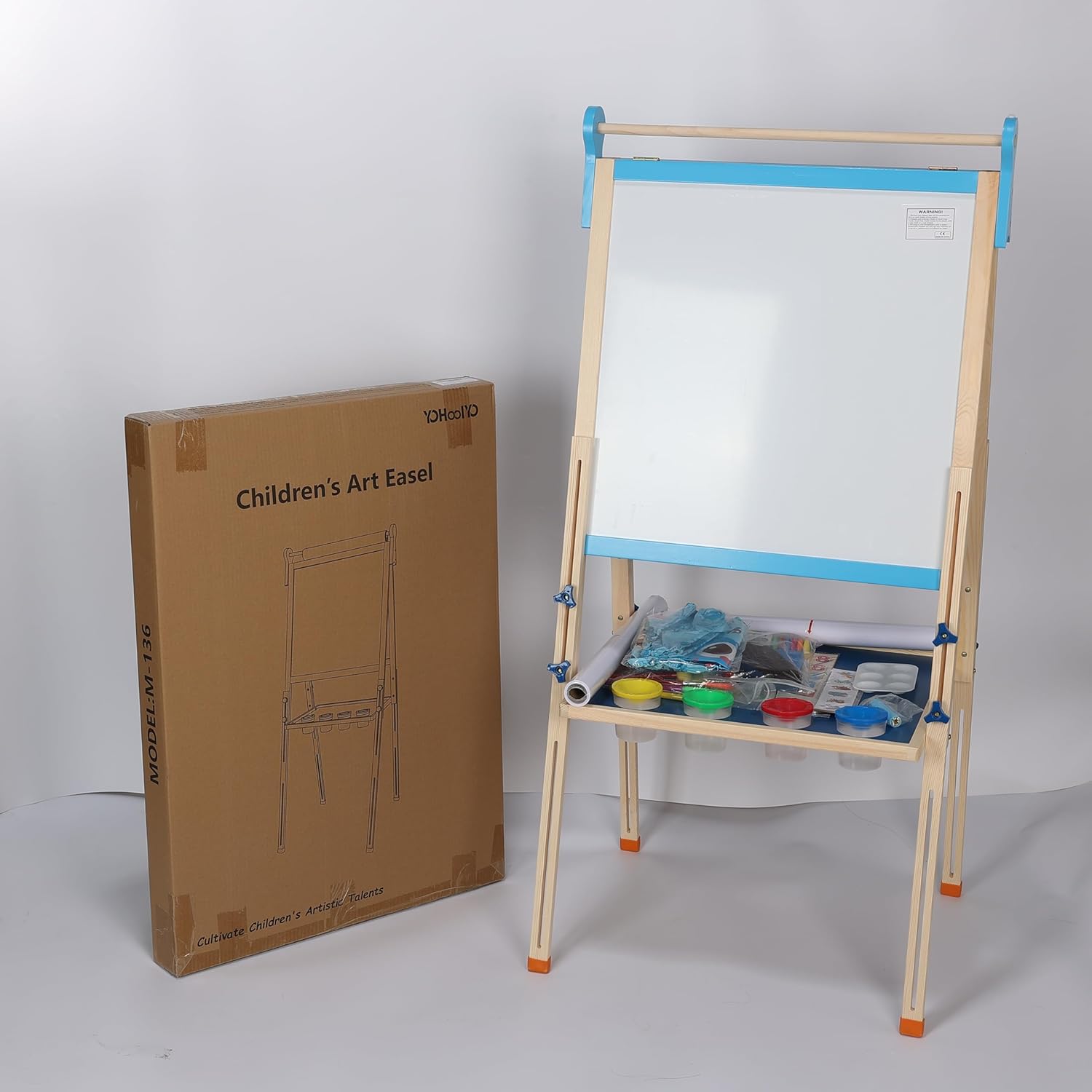 YOHOOLYO Kids Easel Wooden Children Art Easel Paper Roll,Double Sided Magnetic Whiteboard Chalkboard Dry Eraser Adjustable Height for Boys Girls Gifts