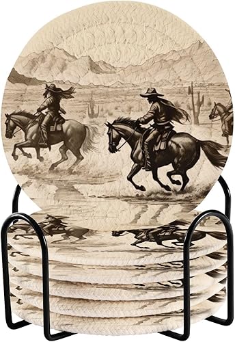 Vintage Western Cowboy - 6 posavasos cuadrados de algodón y poliéster con soporte, color marrón, 3.94 pulgadas, posavasos absorbentes para bebidas