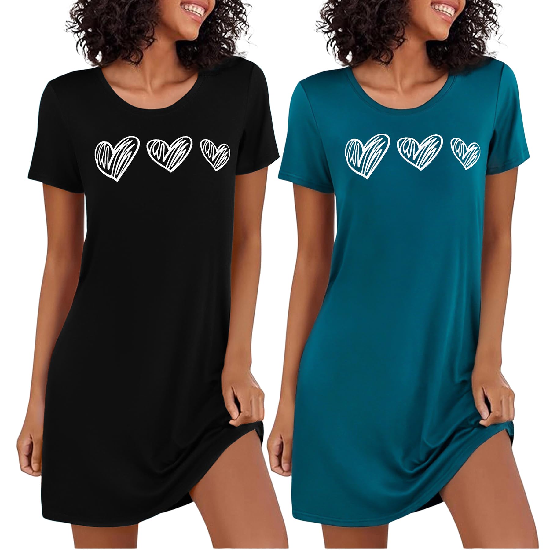 Marvmys 2er Nachthemd Damen Kurzarm Schlafshirt Baumwolle Printed Sleepshirt Sommer T-Shirt Schlafhemd Frauen Nachtwäsche Schlafkleid