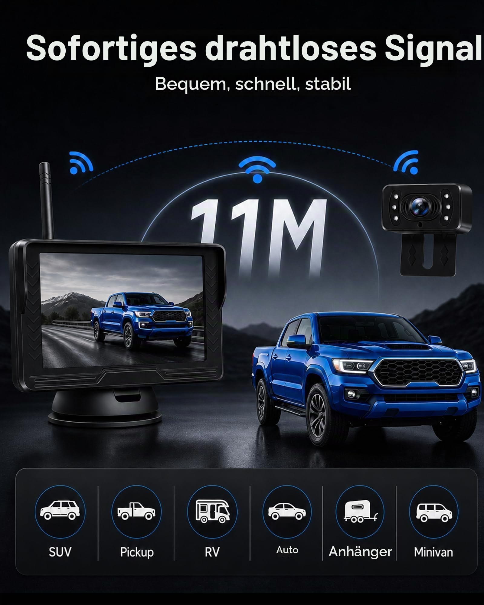 Jansite AHD 1080P Rückfahrkamera Kabellos mit 5'' Monitor Stabiles Signal