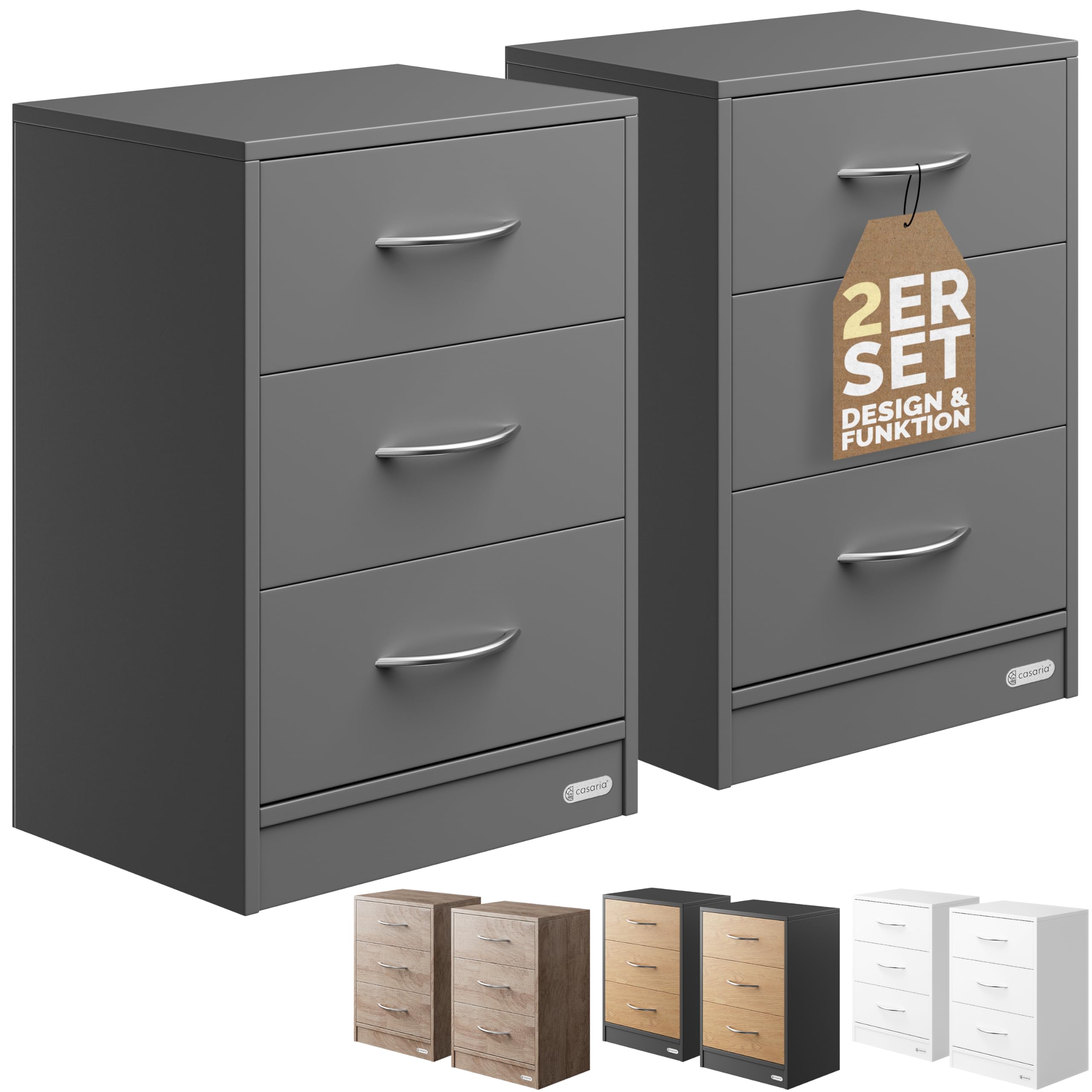 CASARIA® 2X Mesitas de Noche 3 Cajones Mesilla Auxiliar Agujero para Cable Almacenamiento 54x39x28cm Antracita