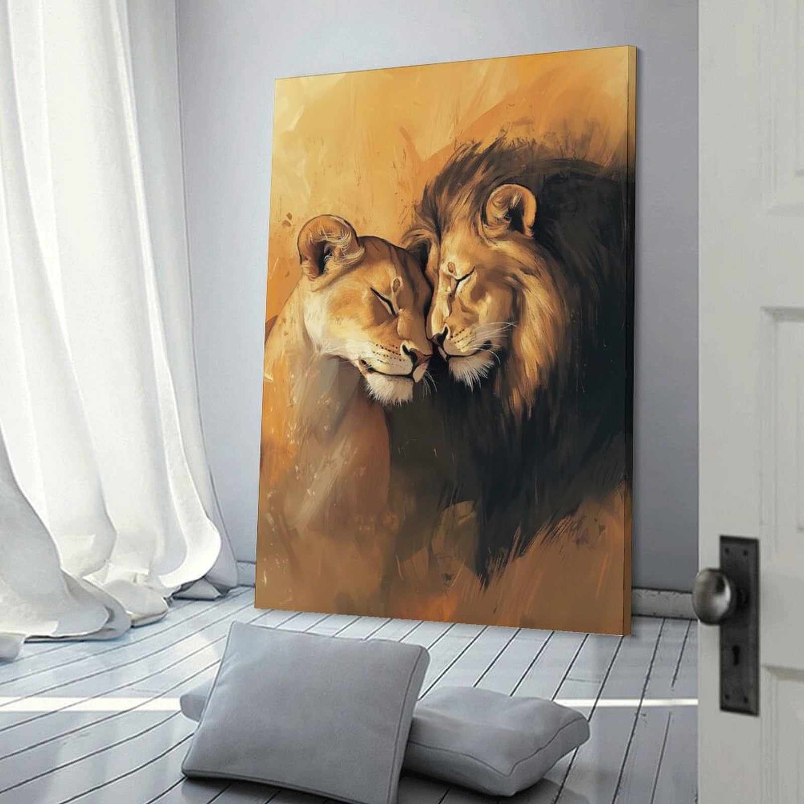 Junmoney Frame-Style-3 Canvas Art Print Lion Couple Portrait, 20X30inch(50X75cm), For Office, Study Or Home Workspace, Wall Art That Adds Style To Work Areas