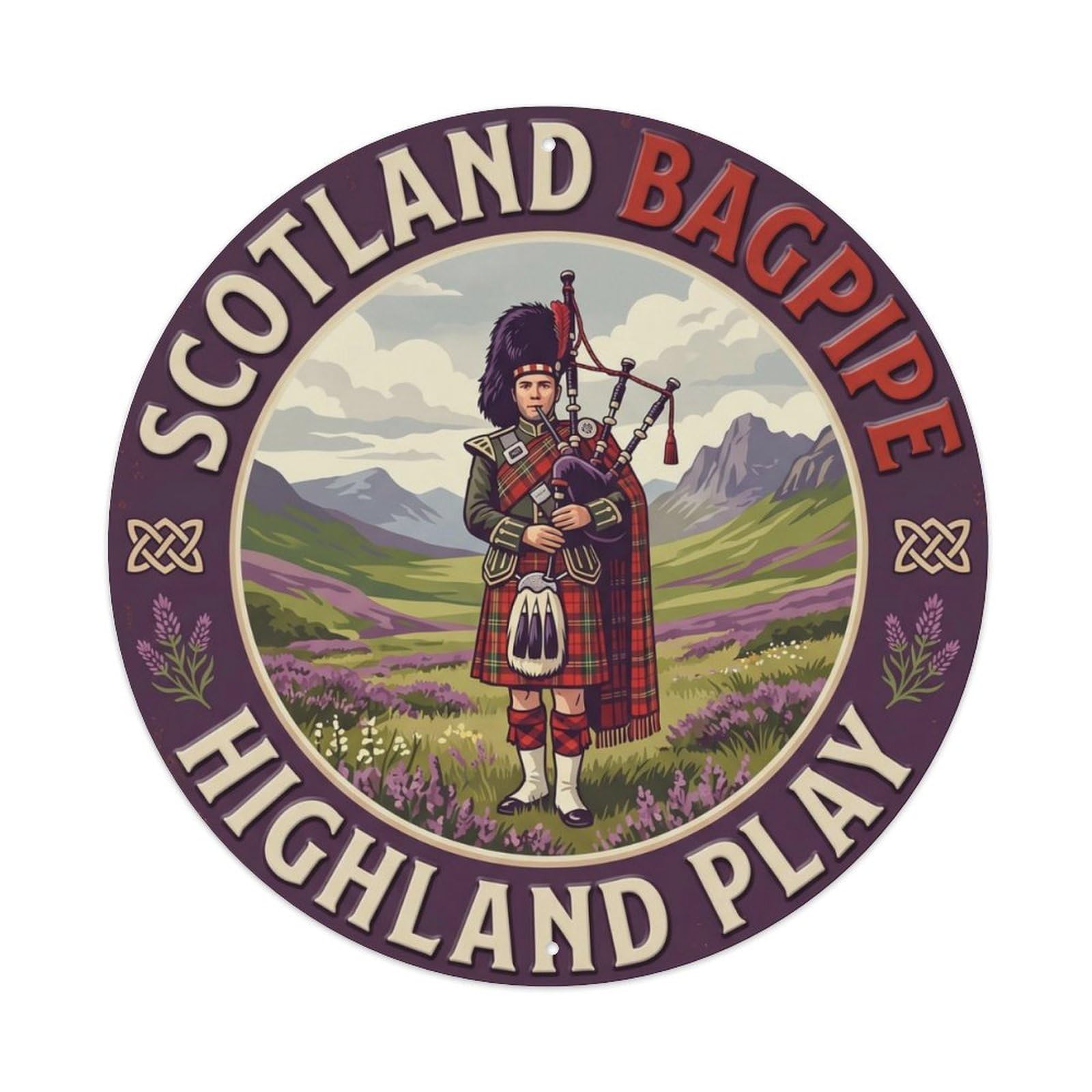Bagpipe Highland Play Scotland Music Metal Tin Sign Plaque Wall Decor for Cafe, Club Bar, Office, Home Garden Round Metal Poster 8x8Inch