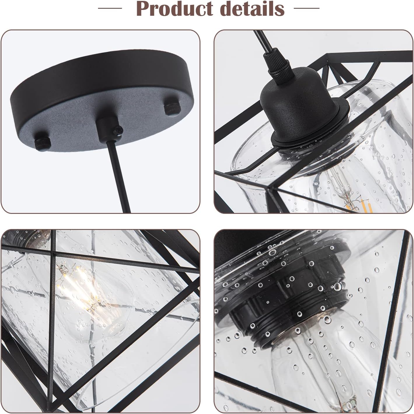 Farmhouse Black Pendant Light with Seeded Glass Industrial Cage Blown Clear Bubble Glass Hanging Lighting Adjustable Cord for Kitchen Island Over Sink Hallway