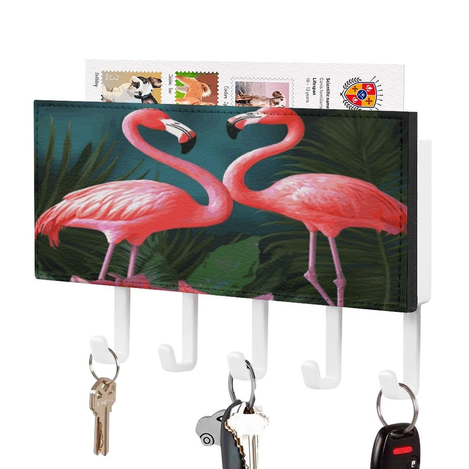 FekiLoot Flamingo Flowers Key Holder Wall Mount Key and Mail Holder Key Hanger with 5 Hooks Decorative PU Key Rack Hanging Key Hooks for Wall Living Room Kitchen Bathroom Hallway White-Style
