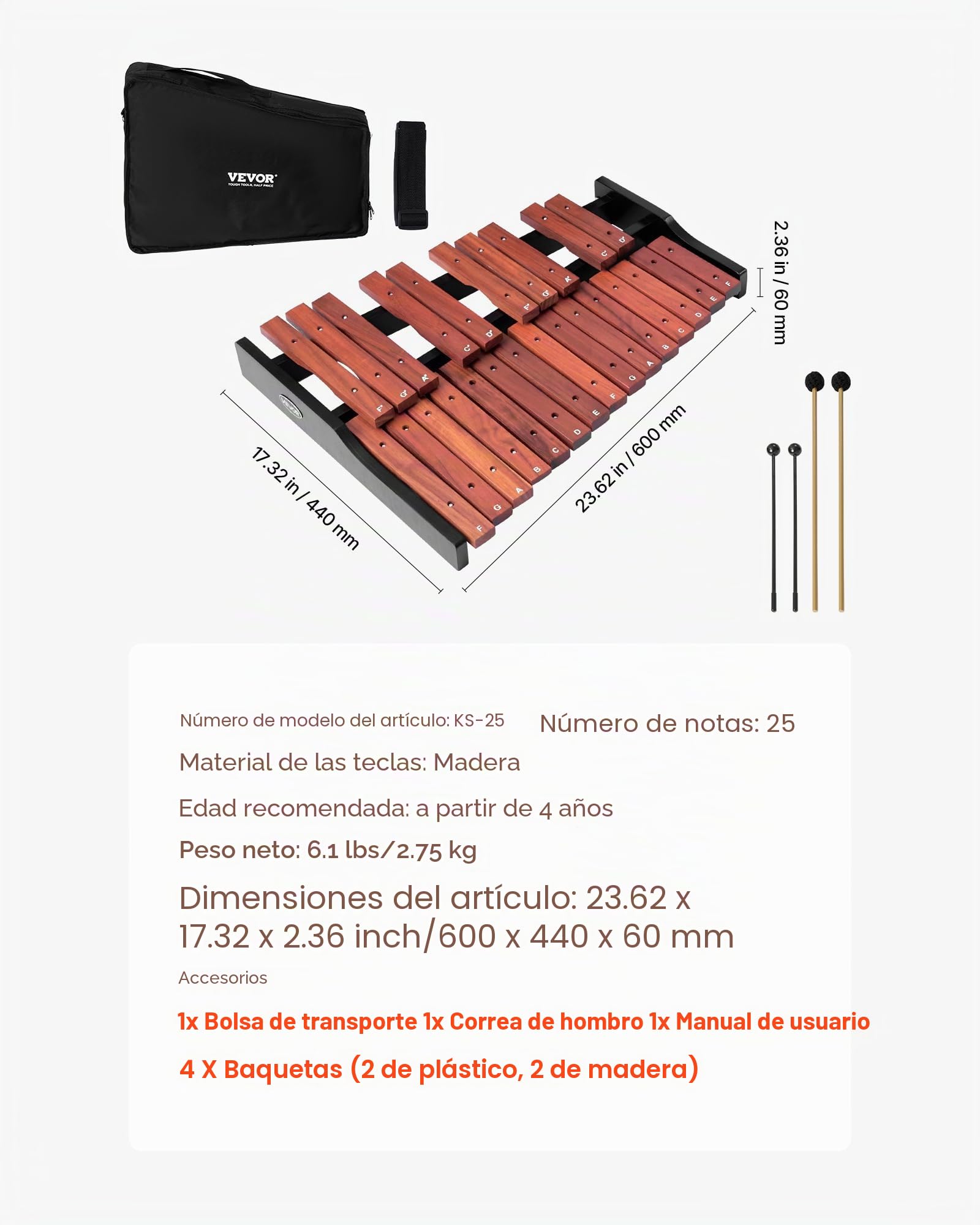 VEVOR Xilófono Glockenspiel 25 Notas, Instrumento de Percusión Profesional de Madera, con 4 Mazos y Bolsa de Transporte, para Aprender Música, Practicar e Interpretar Canciones Pop, Amplio Rango