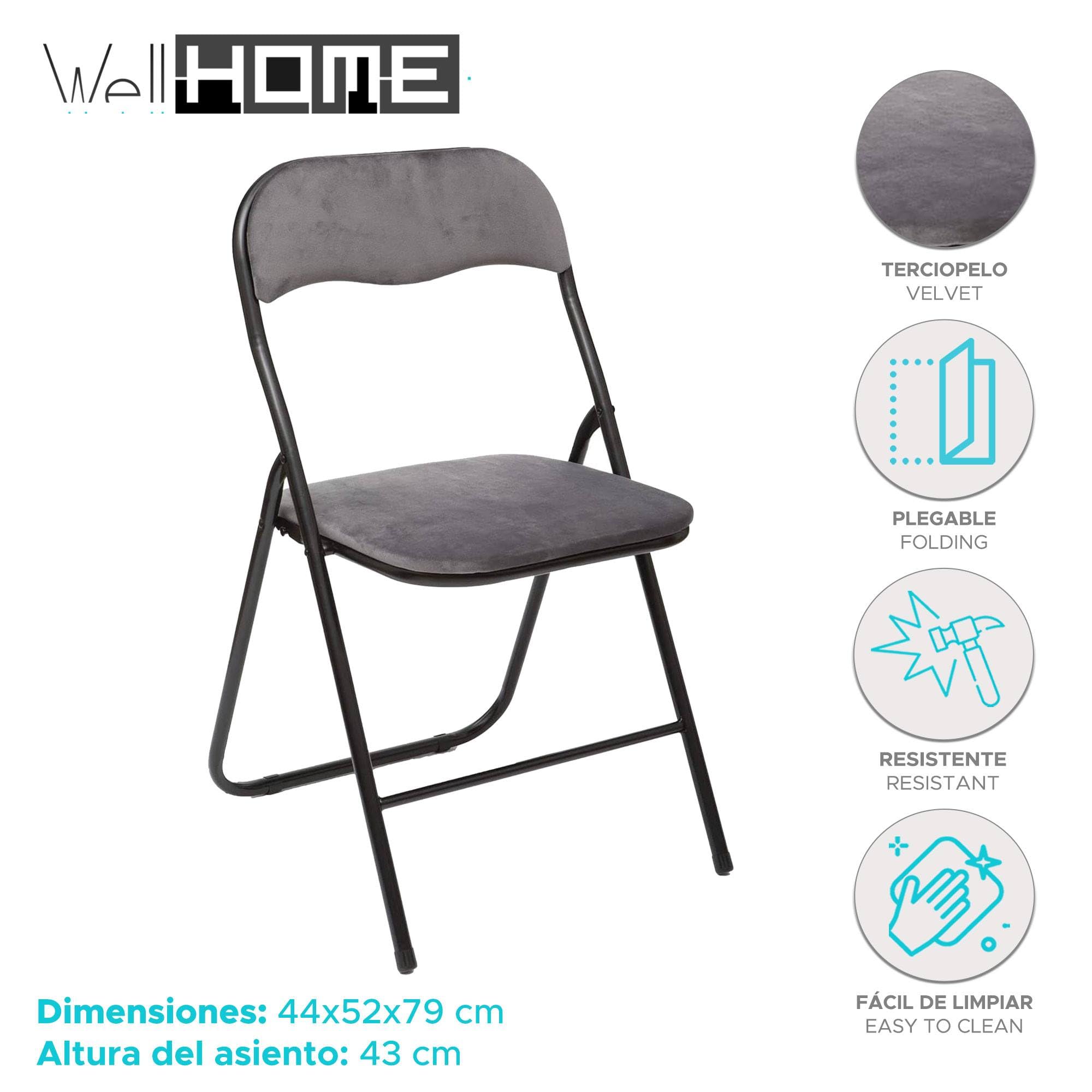 Well Home MOBILIARIO & DECORACIÓN Set de 4 sillas 44x52x73cm Plegables de Terciopelo Gris