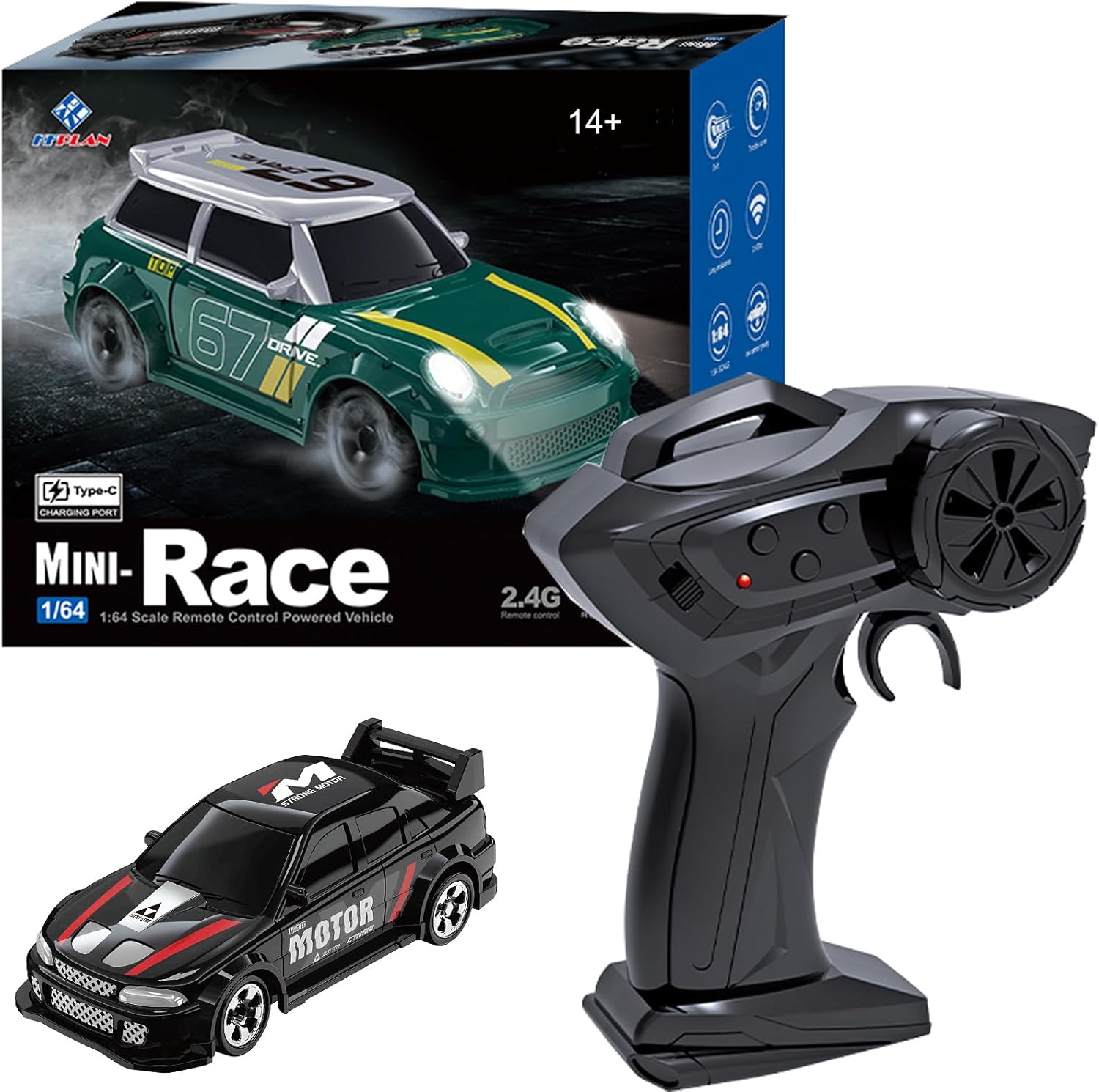 KF20 1:64 Scale Mini Drift RC Car with Full Proportional RTR 2.4GHZ Remote Control for Desktop Racing (Blue)