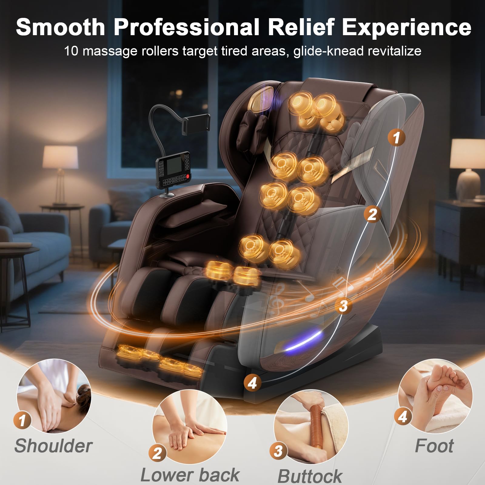Sillón de Masaje Reclinables de Cuerpo Completo con 14 Rodillos de Masaje,8 Bolsas de Aire,Calefacción para Piernas y Cintura,Altavoz Bluetooth,Sillón Masajeador Gravedad Cero
