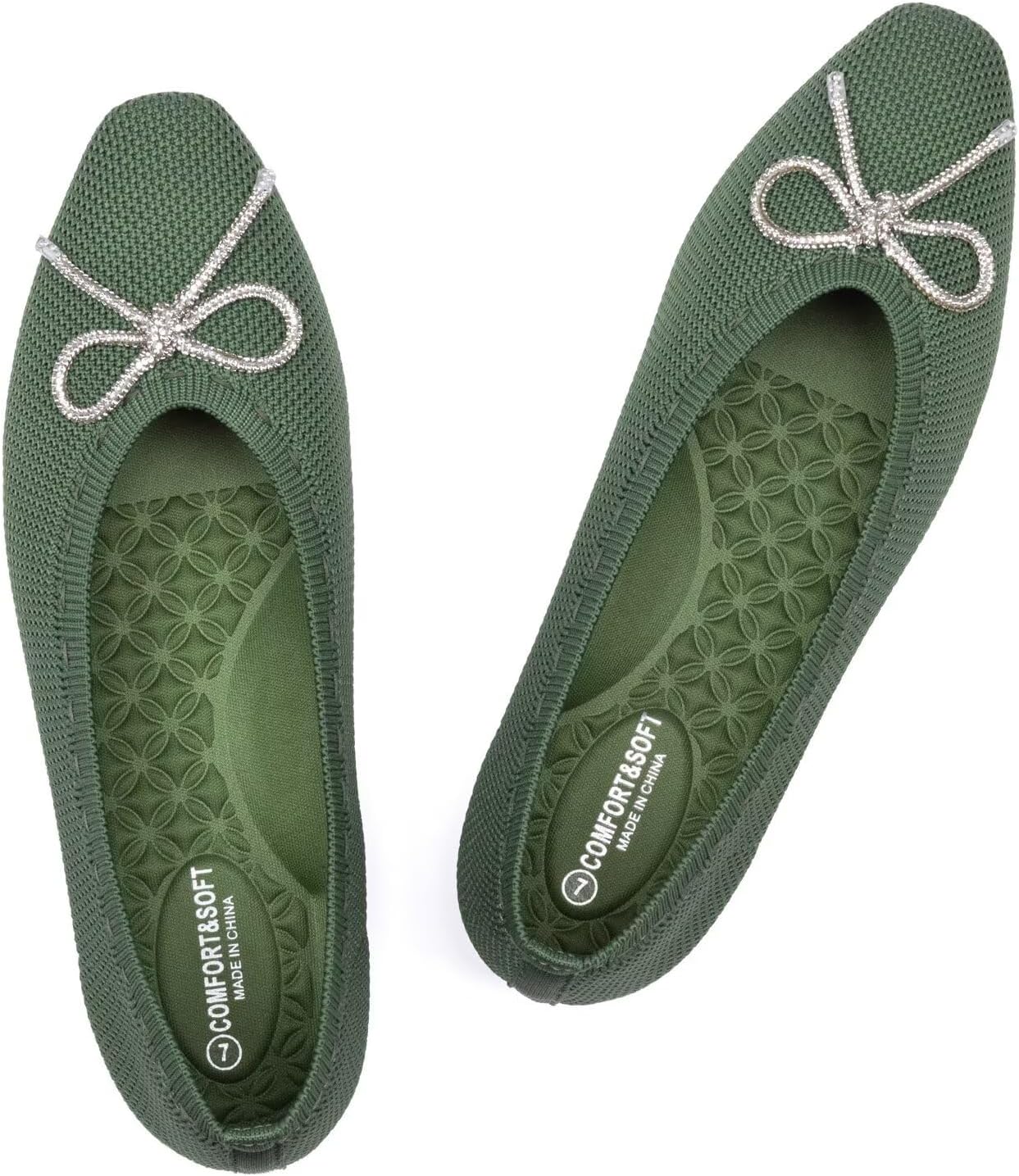 Frank Mully Ballet Flats for Women Square-Toe Flats with Rhinestone Bow Knot Casual Knitted Flat Shoes for Dressy/Office/Everyday Wear