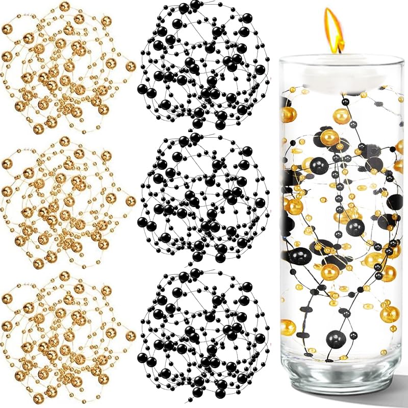 Cusmation 50 PCS Artificial Floating Beads for Centerpieces Vases, Black Gold 8+3mm String Beads for Wedding Party Faux Pearl String for Decorating,