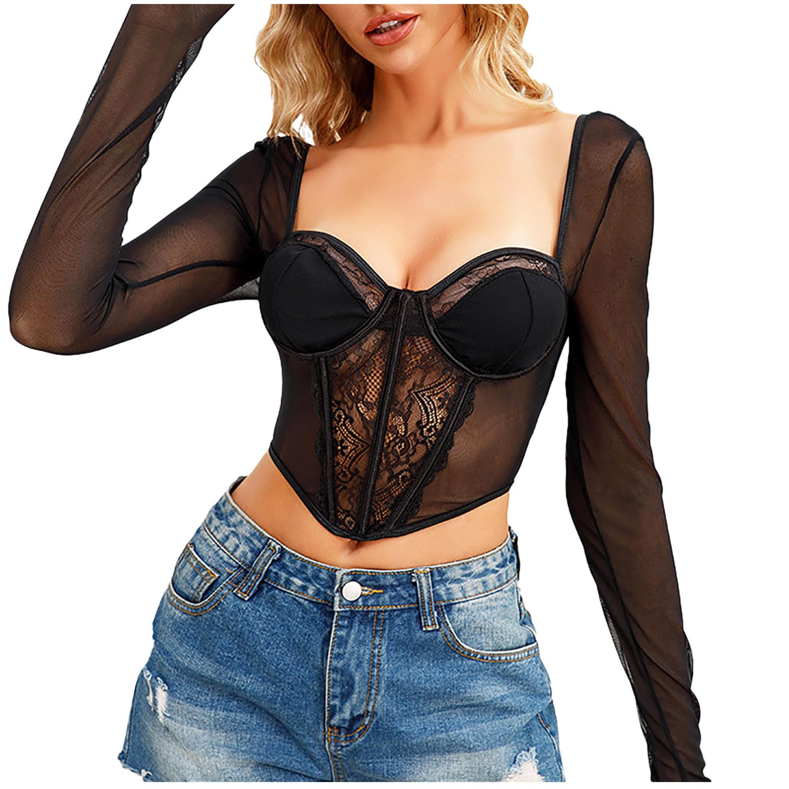 Sinzelimin Corset Tops for Women Trendy Mesh Gauze Long Sleeves Overbust Bustier Fishbone Support Body Shaper Waist Cincher