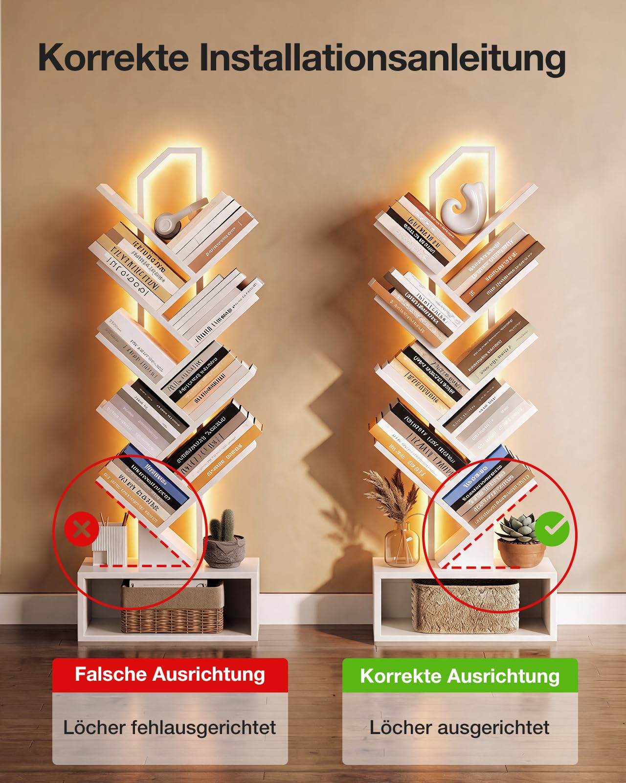 Coleshome Bücherregal im Baumform mit LED-Beleuchtung, Standregal mit 8 Ebenen, Holz Bücherregal für Wohnzimmer & Schlafzimmer, Weiß