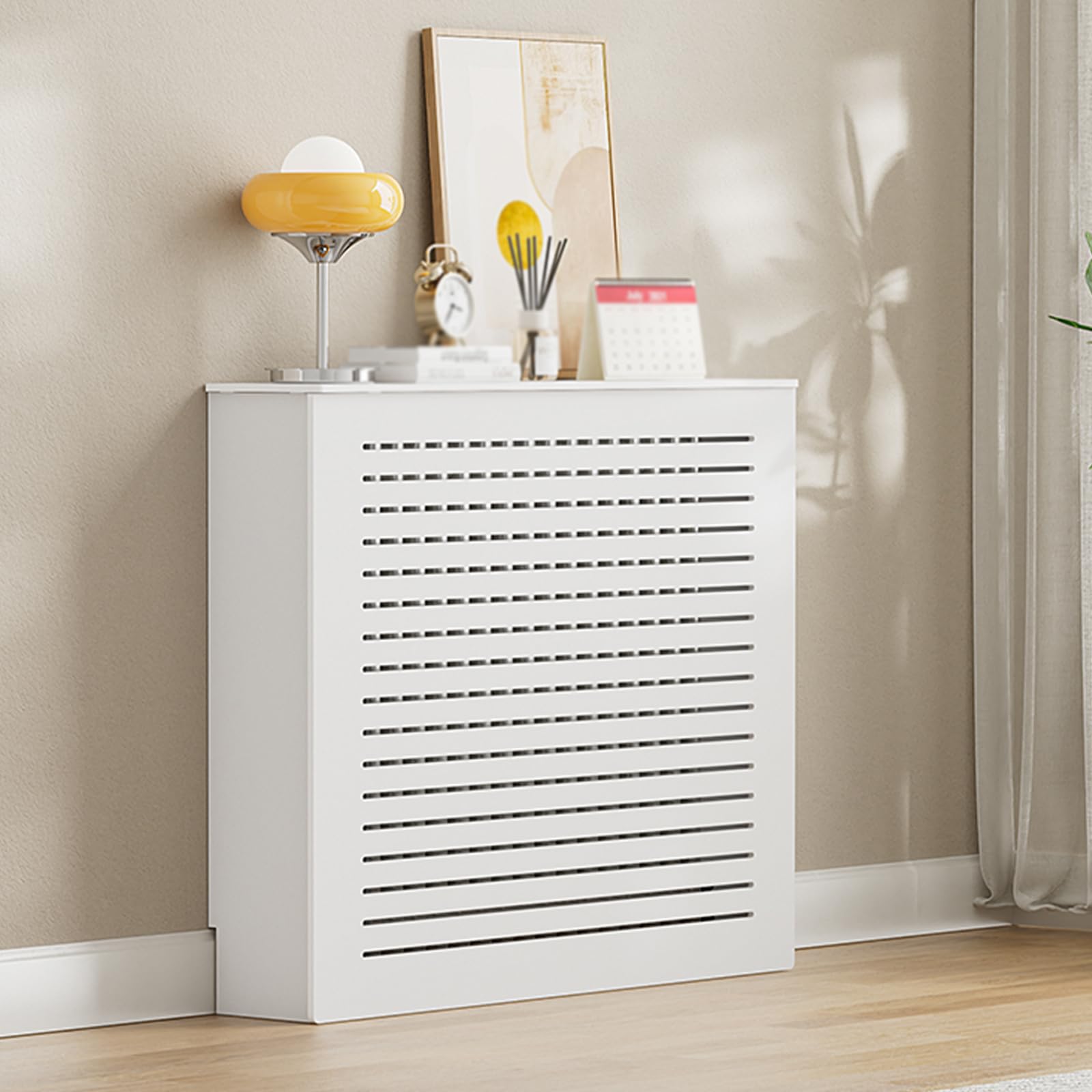 Moderno estante de madera para radiador, armario de calefacción con persianas blancas para sala de estar y oficina, 60 x 70 x 20 cm, elegante organizador de tuberías y desorden