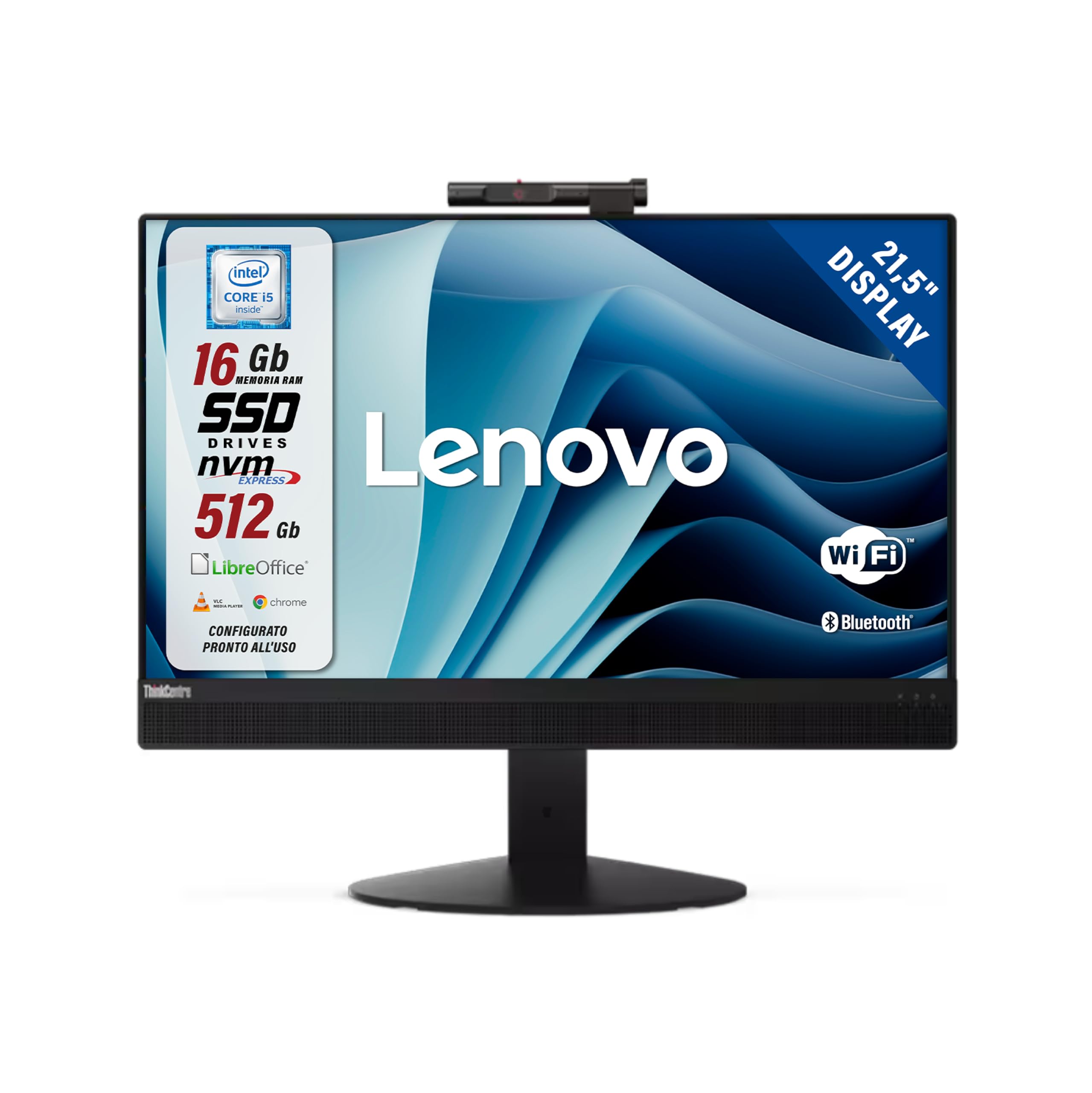Lenovo ThinkCentre TIO22 22" All-in-One Intel Core i5 8400T 16GB 512GB Webcam Windows 11 Pro Office 2021 Professional Ricondizionato