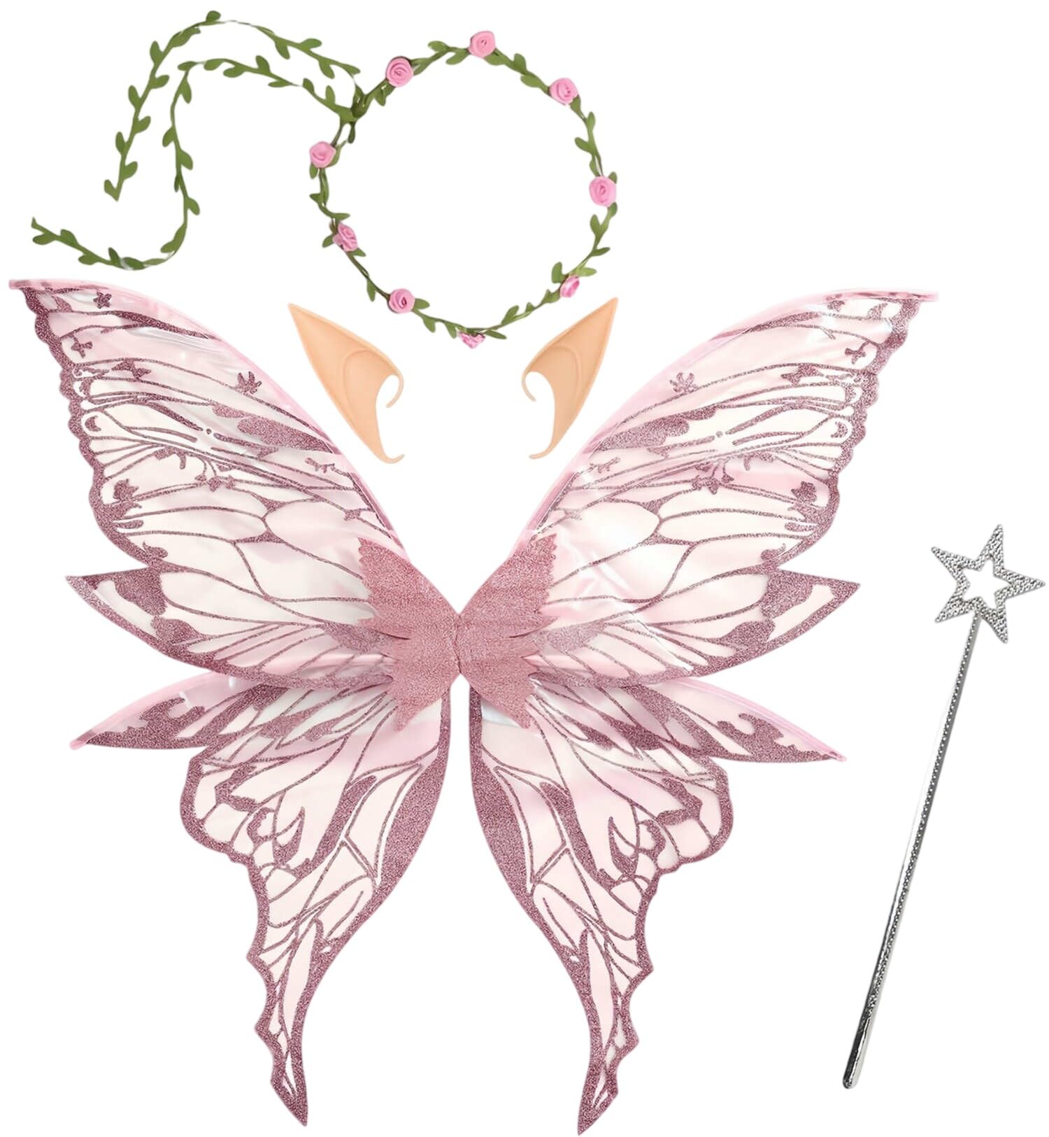 Fairy Wings for Adult, Butterfly Wings Set with Elf Ears & Wand, Pink