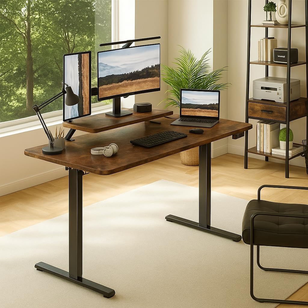 Dumos Braun Höhenverstellbarer Schreibtisch 160 X 60 Cm, Elektrischer Schreibtische Höhenverstellbar, Gaming Tisch Mit Monitorständer, Stehpult Verstellbarer Computertisch, Adjustable Standing Desk,