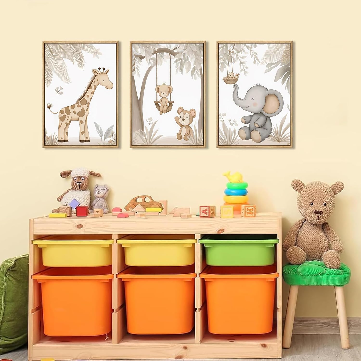 NGXIPUST 3Pcs Woodland Animal Nursery Wall Art Neutral Safari Animal Jungle Paintings Pictures Wall Decor Giraff Monkey Elephants Watercolor Poster Printing Artwork for kids room Home Decoration