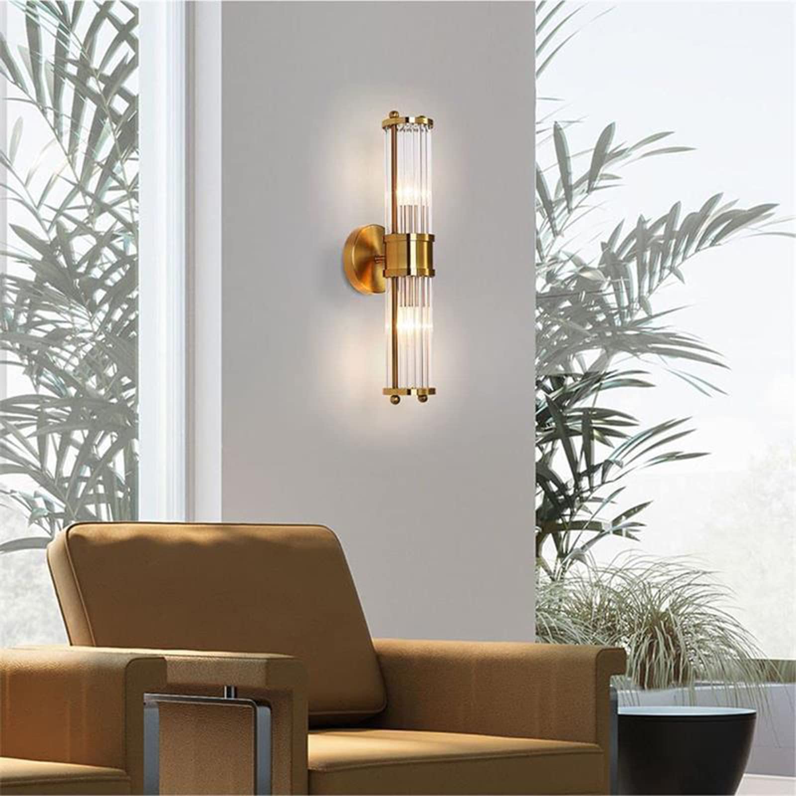 Messing Gold Kristall Wandleuchte,Kristallglas Licht & Gold Sockel Wandlampe,Wandleuchte Innen für Wohnzimmer,Badezimmer (2-flammig)