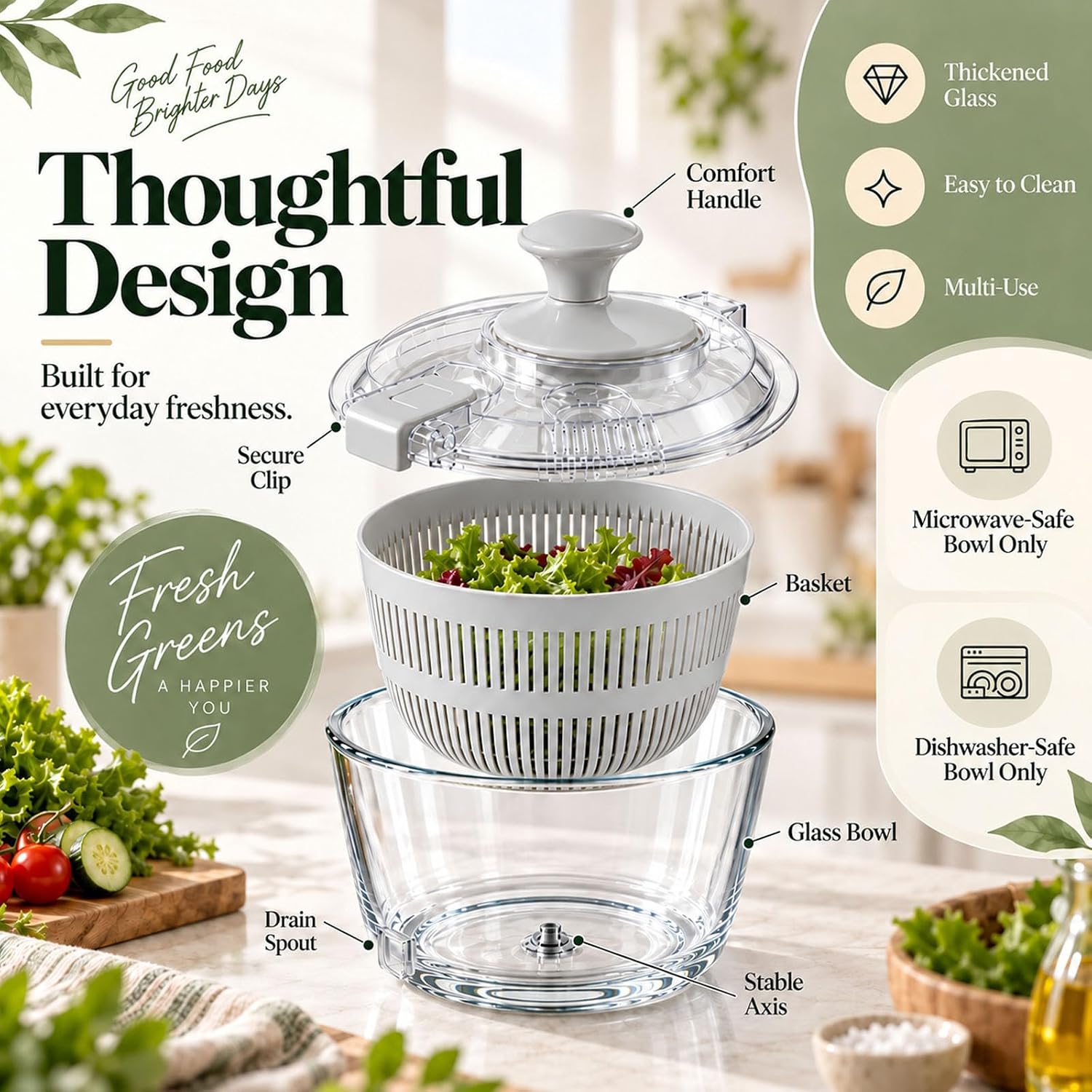 3.2 Qt Glass Salad Spinner with Storage Lid Gray