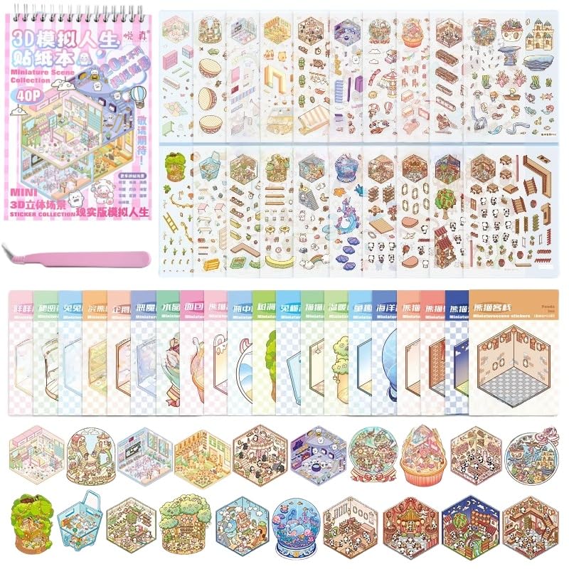 20 Sets 3D DIY House Stickers,Fun Cartoon DIY 3D Stickers Scenes for Adult Relief Stress Pass The Time,Make Your Own Warm Miniature Home Restaurant Noodles Dessert Shop