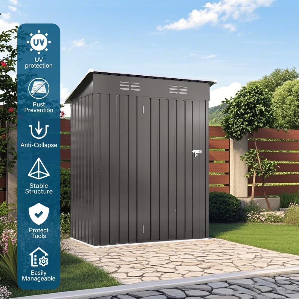 Durable Metal Outdoor Storage Shed with Pitched Roof and Lockable Door for Garden, Backyard, Patio, Tools, Bikes and Household Items (5x3FT+Pitched roof+Gray)