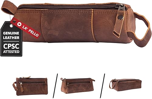 LA'PELLO - Estuche de piel para lápices, con cierre de cremallera plana para estudiantes, artistas y herramientas de maquillaje. Estuche de cuero
