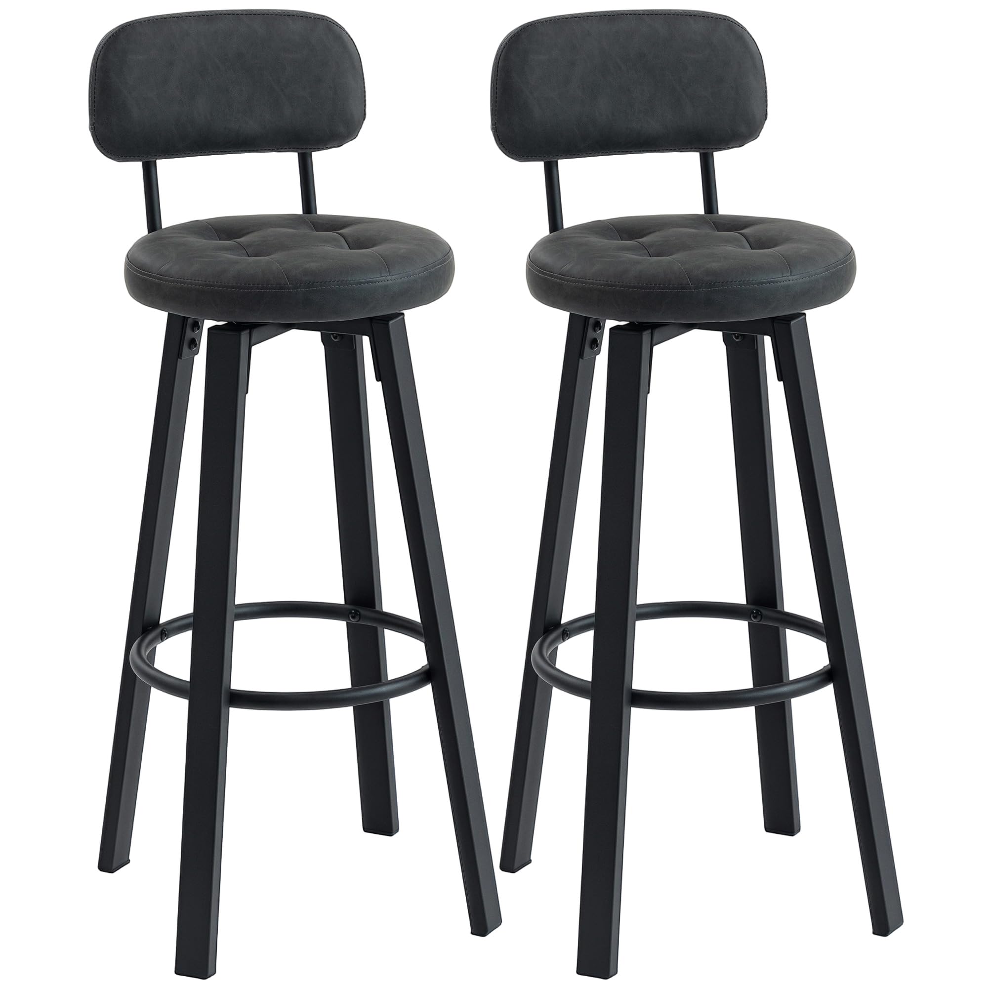HOMCOM Juego de 2 Taburetes de Bar, Taburetes Altos de Cocina Giratorios, Tapizados de PU, con Respaldo, Marco de Metal, Reposapiés, Asiento de 76,5 cm de Altura, Gris Oscuro
