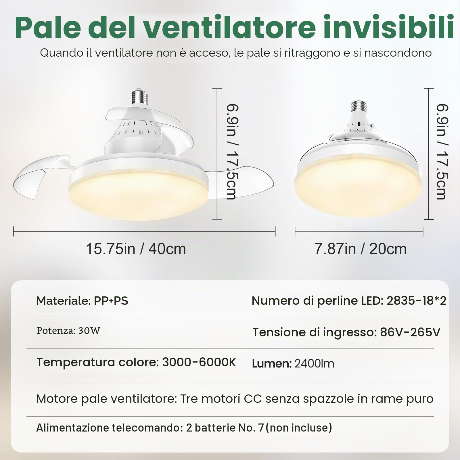 Ventilatore da Soffitto con Luce LED Dimmerabile e Telecomando, Pale Retrattili, 4 Velocità, Attacco E27, Silenzioso Adatto per Soggiorno e Camera da Letto