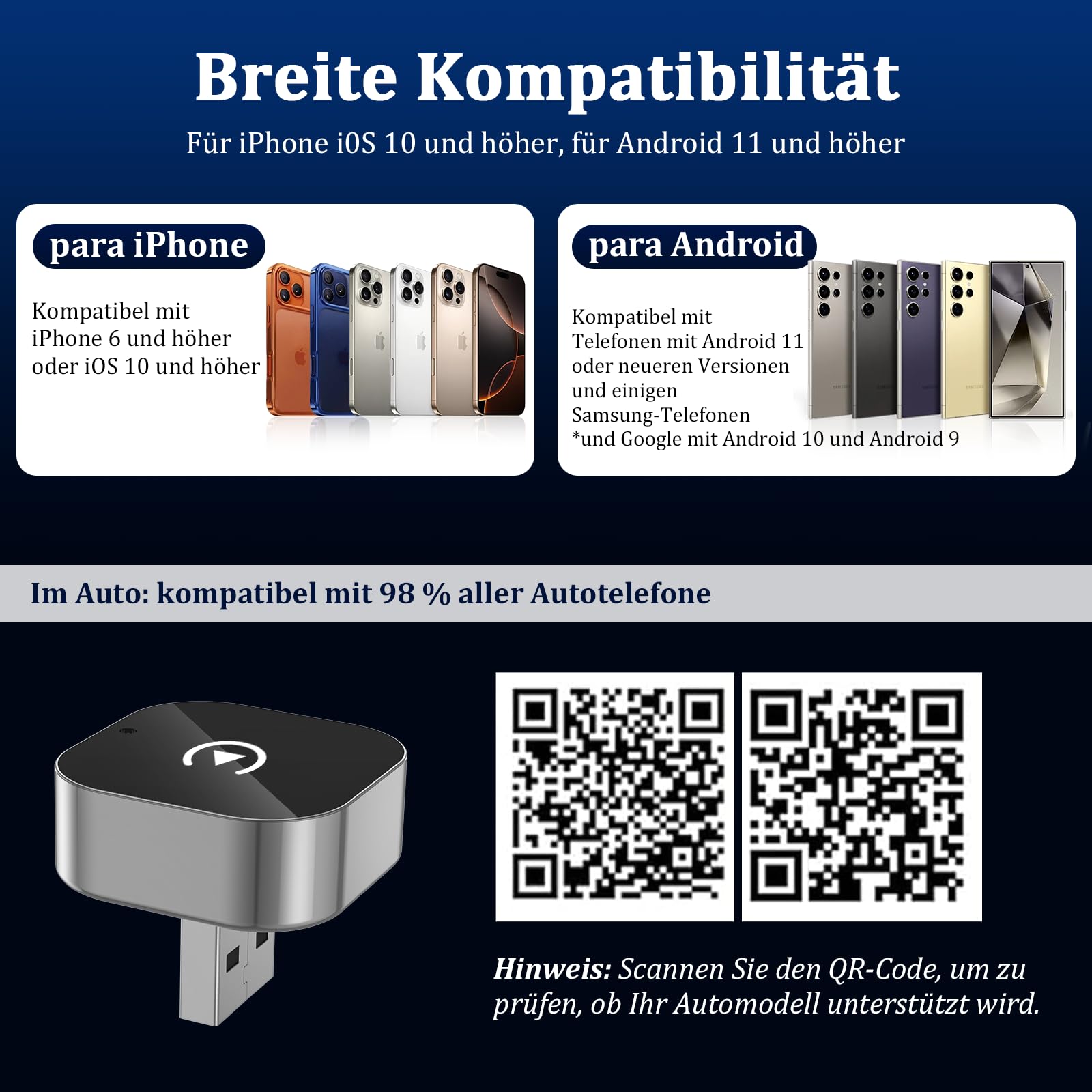 2 in 1 Carplay Wireless Adapter & Android Auto Adapter,USB-A/Typ-C Wired Auf Wireless Kompatibel Mit Für iPhone IOS 10+ e Android 11+,Schnelle Verbindung, Keine Verzögerun, Auto-Wiederverbindun