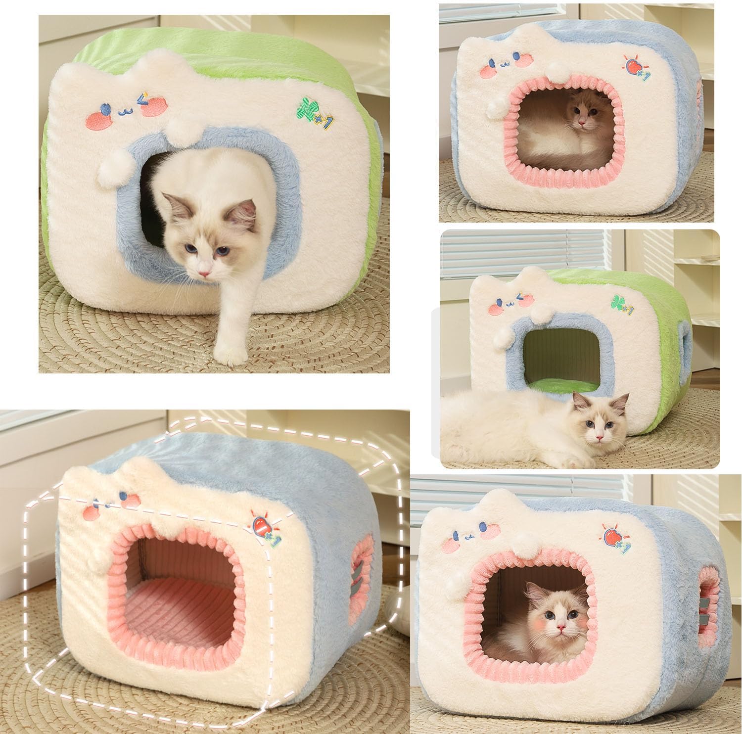 Cute Cat Bed for Indoor,Cute Cat House Tent Covered Dog Bed Tent with Removable Washable Cushioned Pillow, Cat Cave,Dog Bed with Cover Cave, Pet Bed… (F)