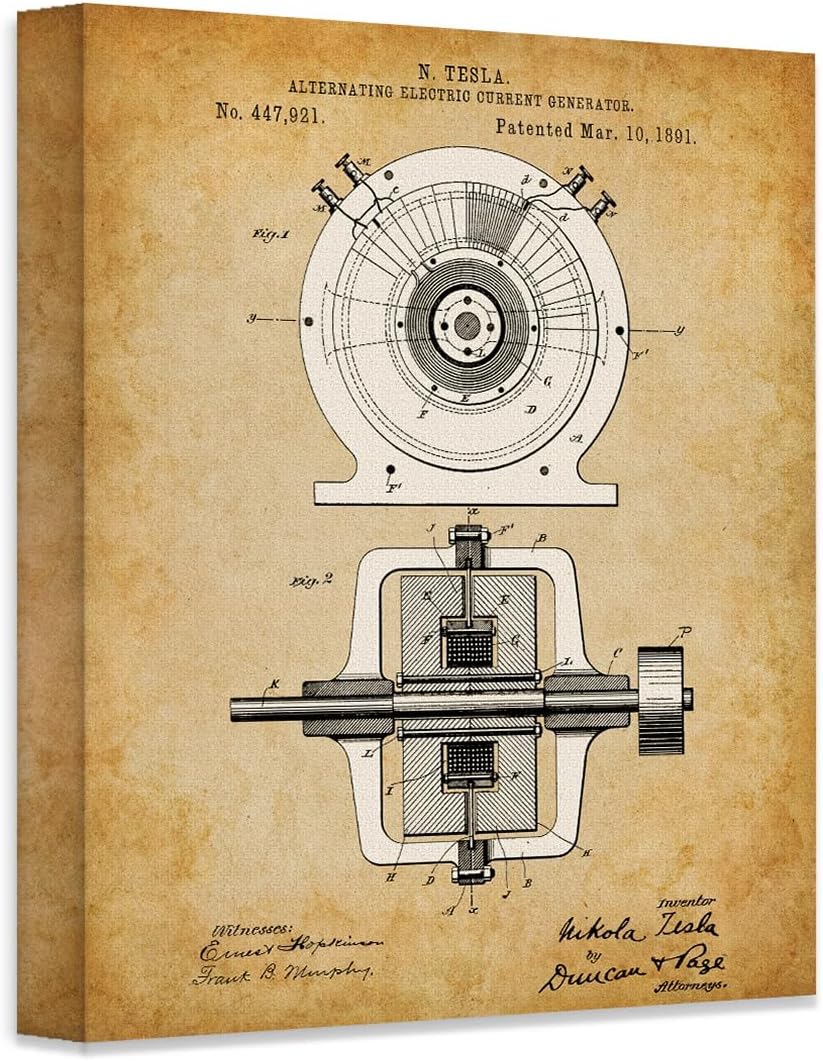 Vintage Tesla Generator Patent Reproduction – Nikola 1891 16×20 Stretched Canvas, Antique Electrical Diagram Art Print, Retro Scientific Wall Art for Home Office, Engineering Decor, Tech & Classroom
