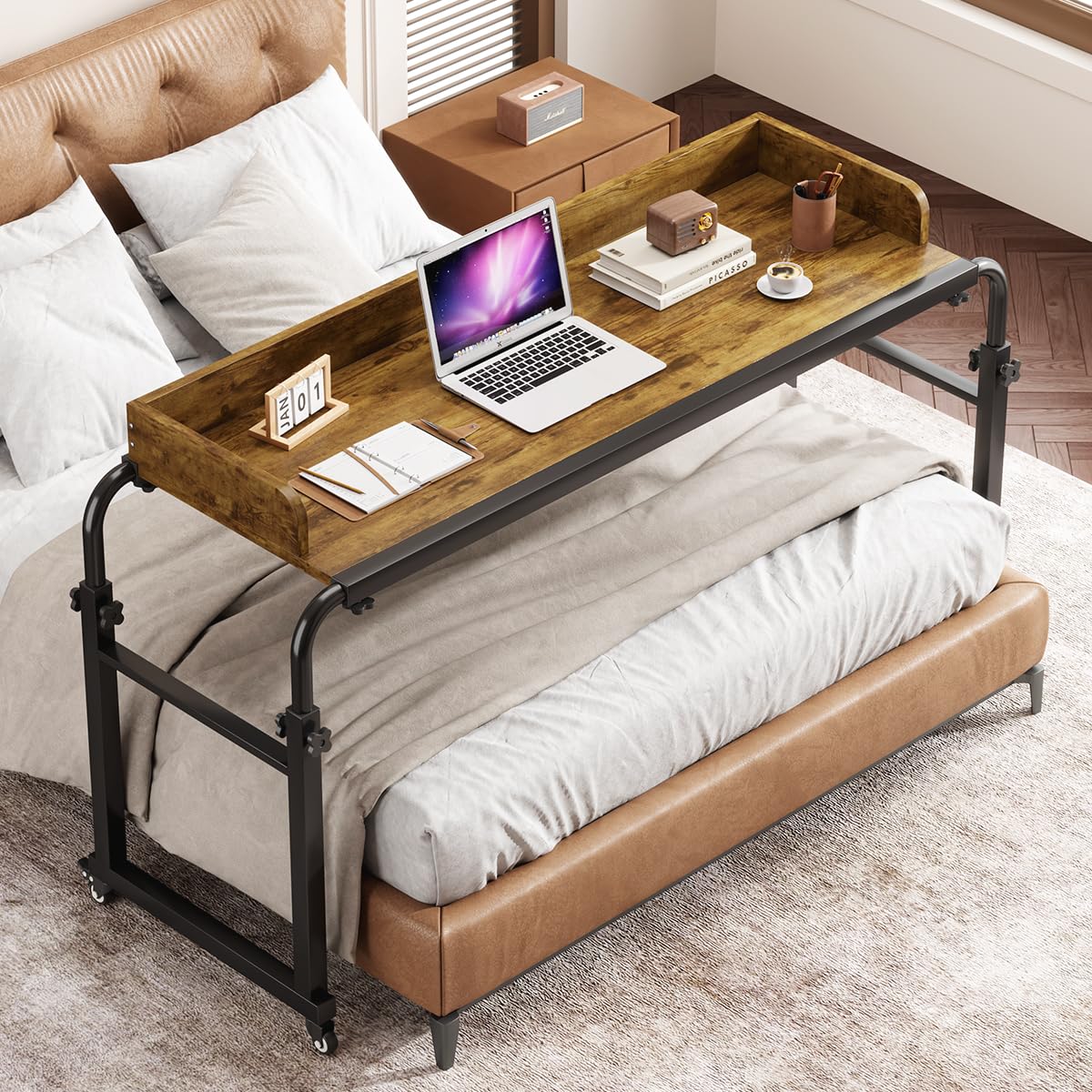 Photo 1 of Saifu Overbed Table with Wheels, Adjustable Height & Length Laptop Desk for Bed, King & Queen Size Beds Bed Table, Rolling Standing Desk, Over Bed Table for Working Reading Eating, Red Brown