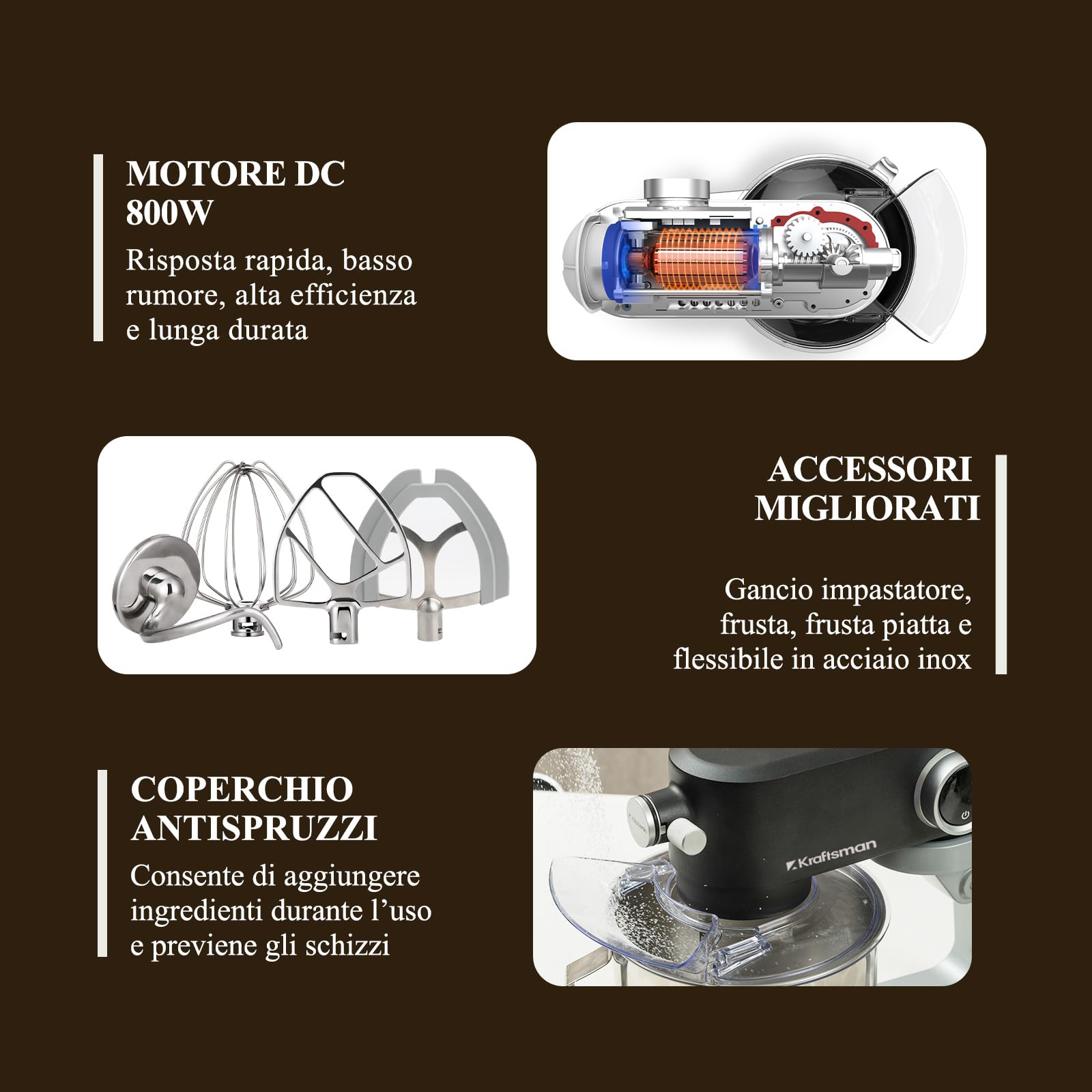 Impastatrice Planetaria in Metallo Solido – Planetaria Professionale da 5L con 4 Accessori in Acciaio Inossidabile, 800W Motore DC, Nido di Potenza e Timer, Bassa Rumorosità (Nero)