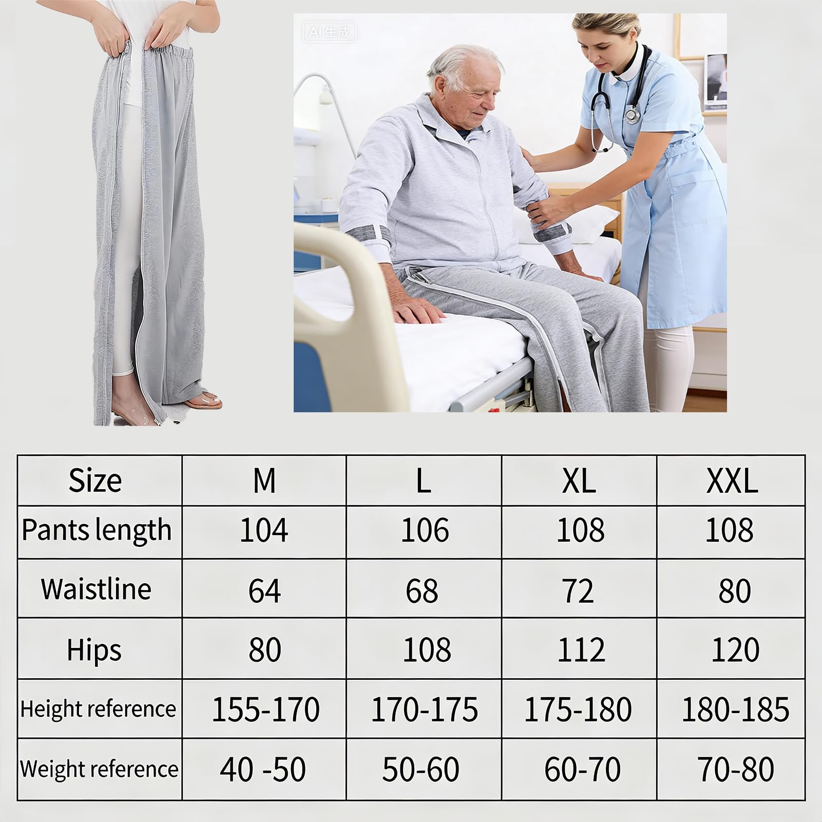 Pantaloni per incontinenza completamente aperti per pazienti costretti a letto, facile accesso per sacca per urina e sedia a rotelle
