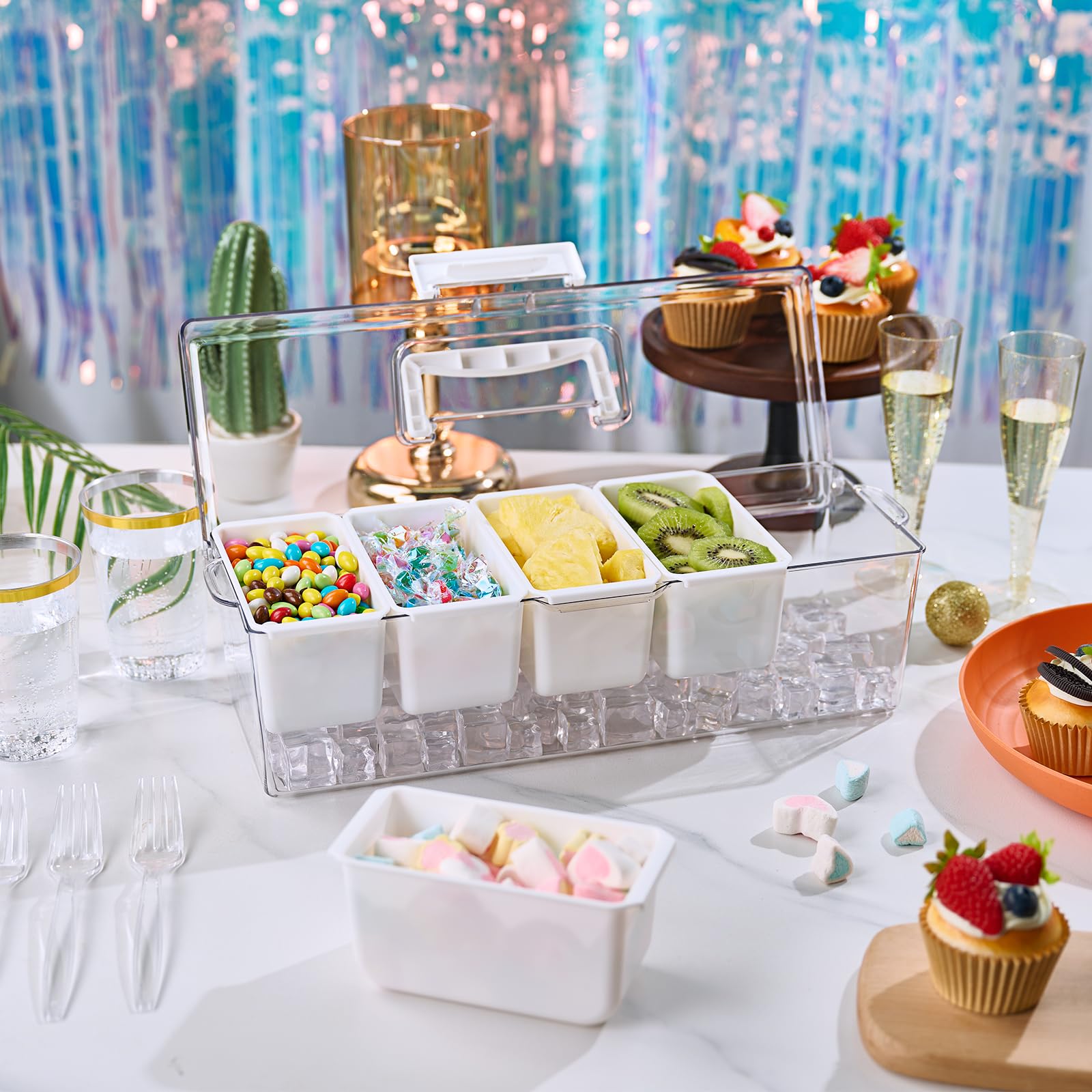 Lot de 2 plateaux à condiments réfrigérés avec 5 compartiments amovibles et poignée cachée, organisateur de condiments glacés, plateau de service transparent pour camping, fruits, salade