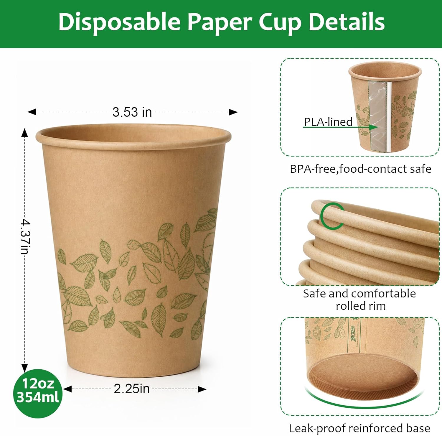 12oz 100 Count Compostable Paper Cups, BPI Certified Plant-Based Biodegradable Disposable Coffee Cups with PLA Lining, Perfect for Hot & Cold Drinks, Coffee, Party, Office & Daily Use