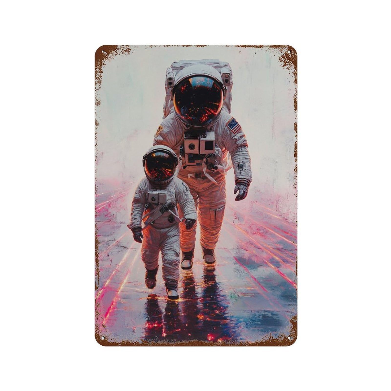 Rust Effect Astronauts in Space Suit Rustic Tin Plaque 11.8"x7.9", Old School Wall Decor for Shed, Workshop And Garage Wall Decor