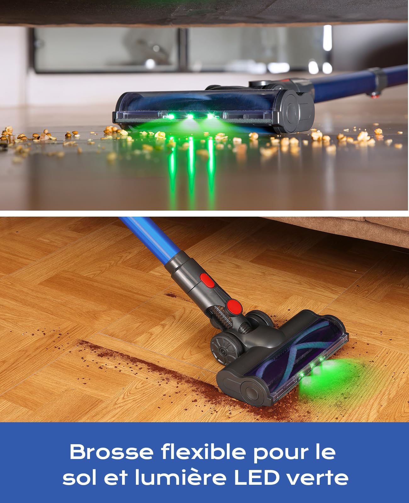 Aspirateur Balai sans Fil, 50Mins/40KPA Aspirateur sans Fil, Aspirateur Balai avec LED Verte, Aspirateur avec Brosse à Plancher Améliorée, pour Tapis, Sols Durs, Poils d'animaux,Bleu Foncé