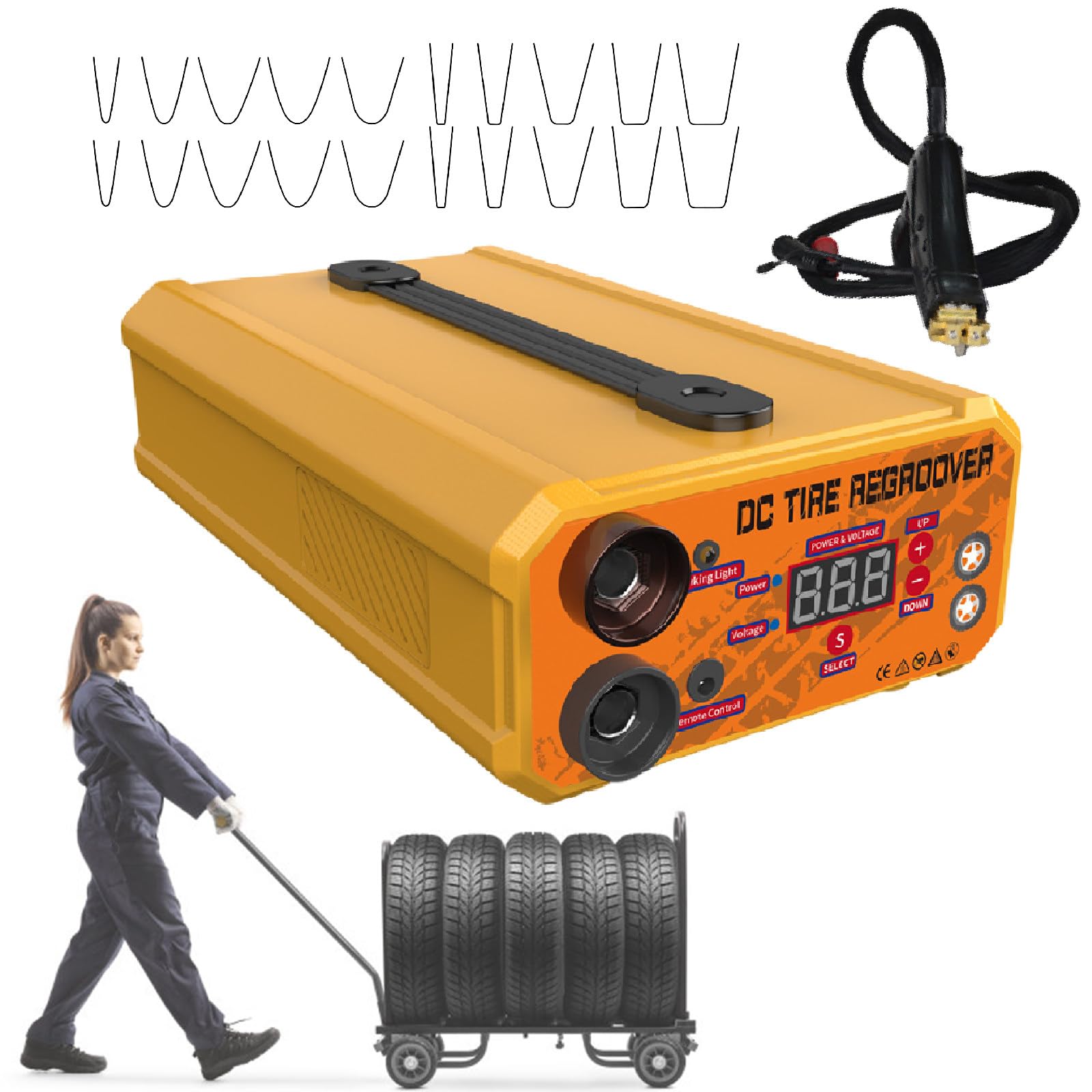 SENJINGHUA Rubber Groover Heated Machine Cutter, 1000W Tire Regroover Regrooving Iron Cutter Kit with 20pcs U/V Shaped Blades, for Rubber and Tires,Yellow