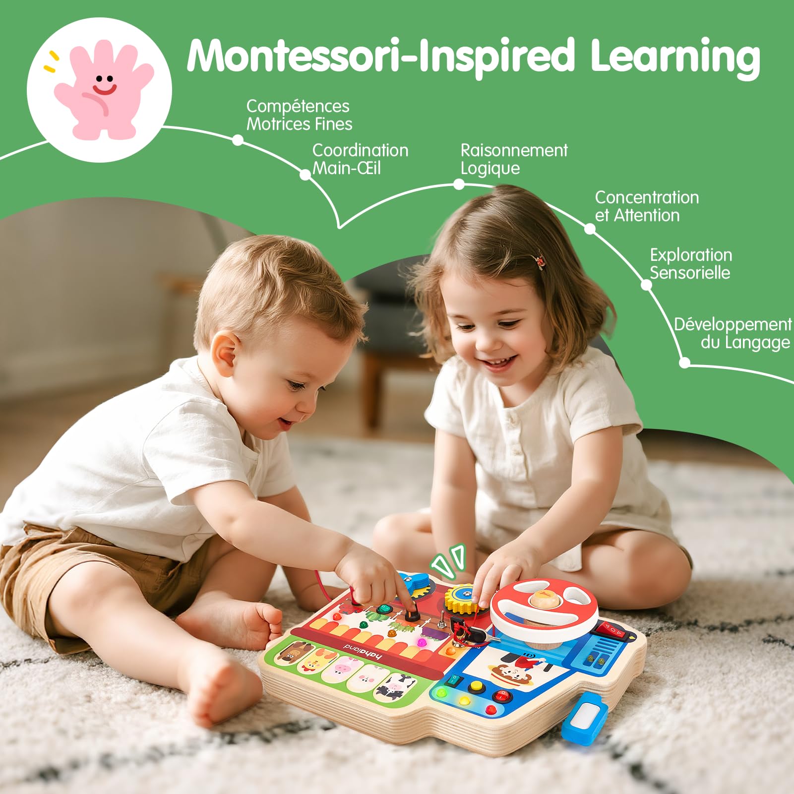 hahaland Busy Board Montessori – Tableau d’Activités en Bois avec Volant, Lumières LED, Engrenages, Interrupteurs & Sons d’Animaux – Jouet Éducatif & Motricité Fine, Cadeau Fille Garçon 1–3 Ans